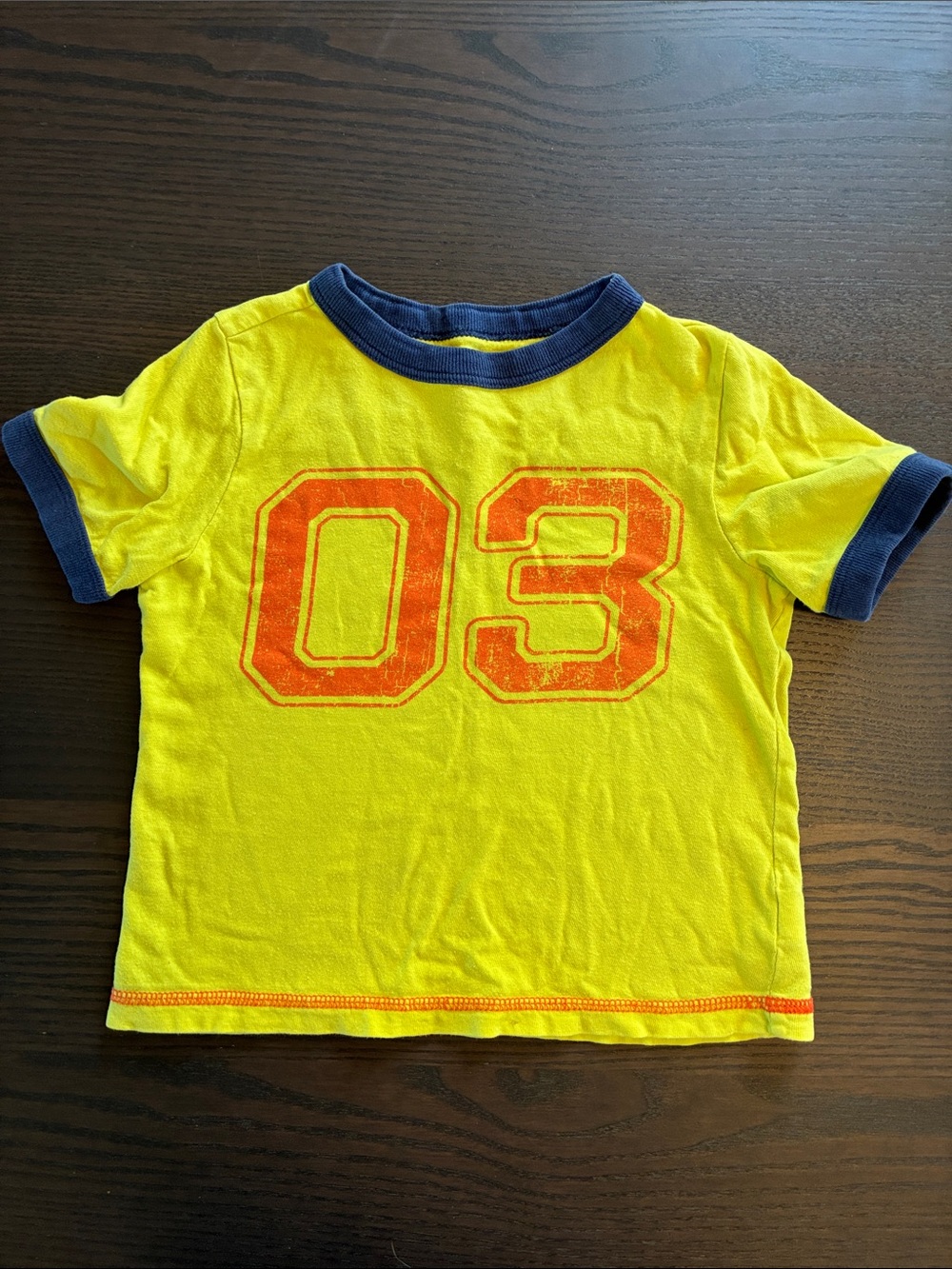 Old Navy Bright Yellow Tee with Orange '03' and Navy Trim